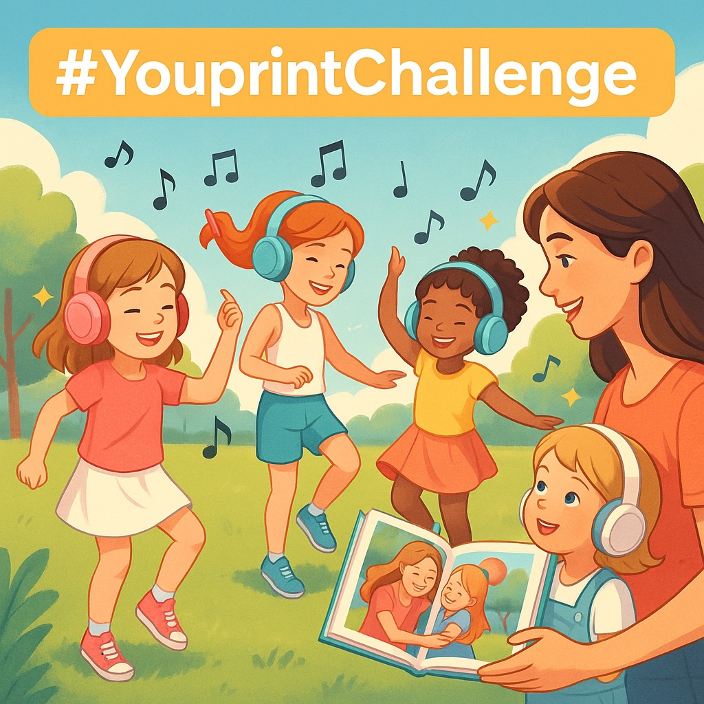 Niñas bailando con auriculares en un día soleado, mostrando un FotoLibro con notas musicales – #YouprintChallenge